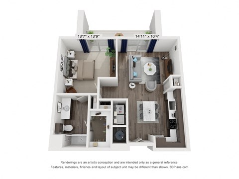 A 3D floor plan of a small apartment with a kitchen, living room, and bathroom.